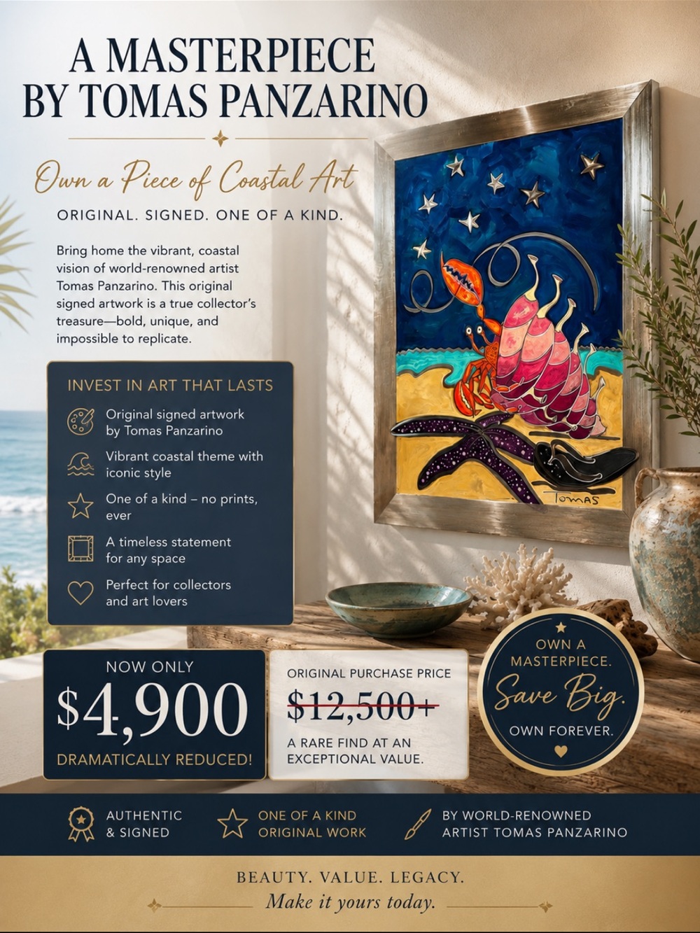 Original signed Tomas Panzarino coastal artwork. This artwork is one of a kind !